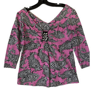Joyous & Free Blouse Womens Small BOHO Paisley‎ 3/4 Sleeve V Neck Rhinestone Y2K